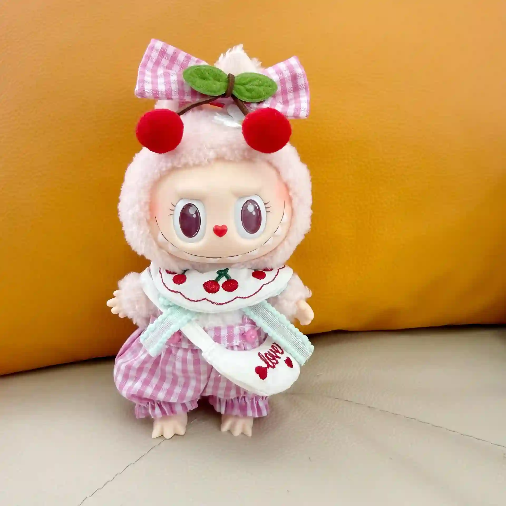 pink green gingham romper labubu outfit 15 17cm doll accessory