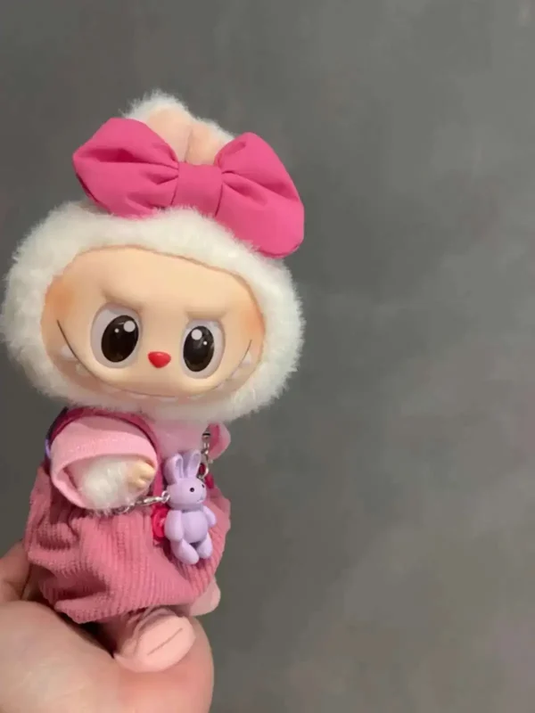 pink labubu doll clothes set with oversized bow and necklace