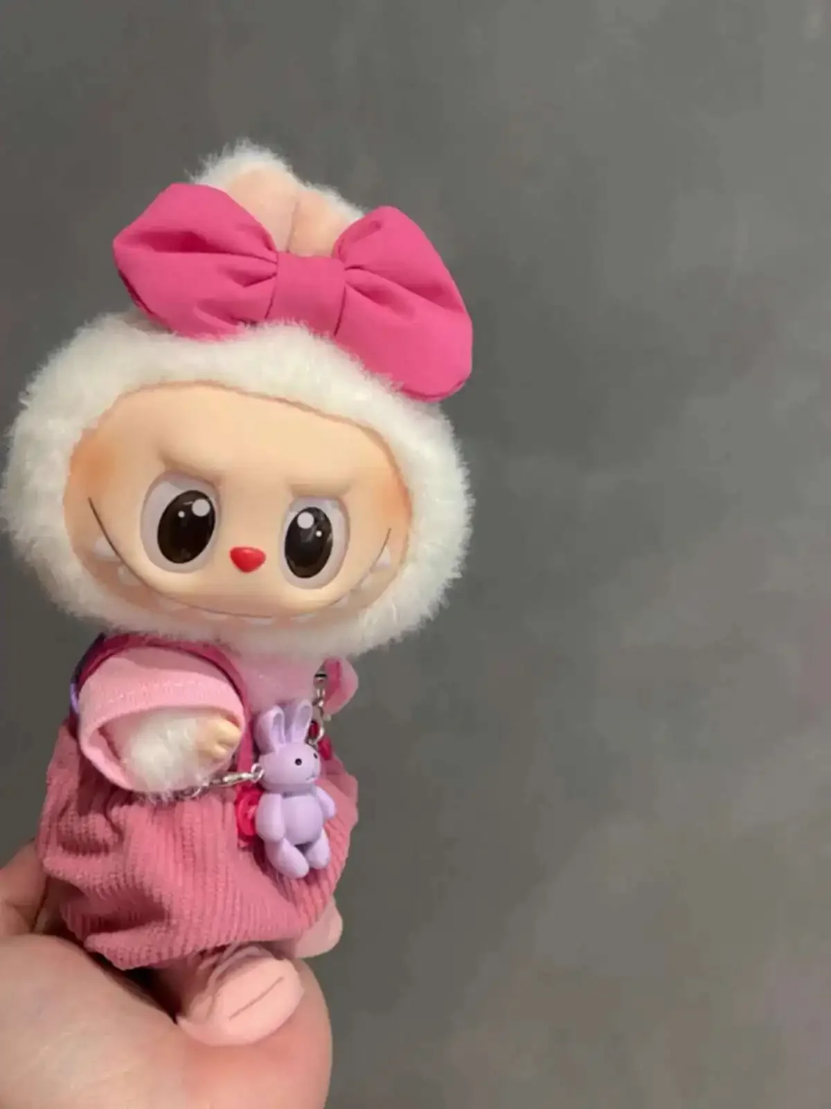 pink labubu doll clothes set with oversized bow and necklace