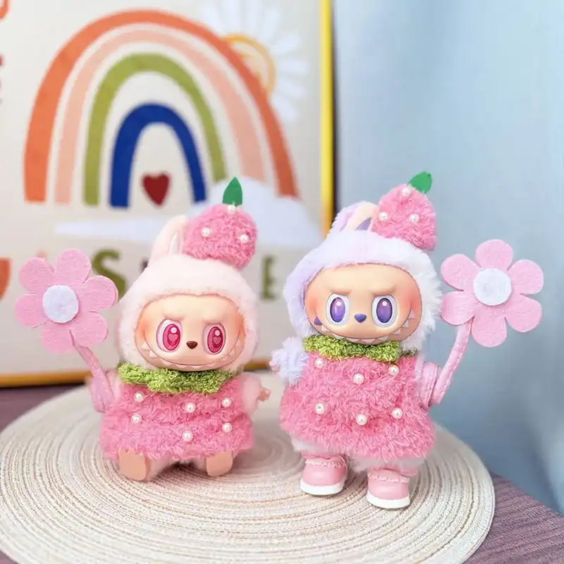pink labubu strawberry outfit 3 piece set 15 17cm doll clothes