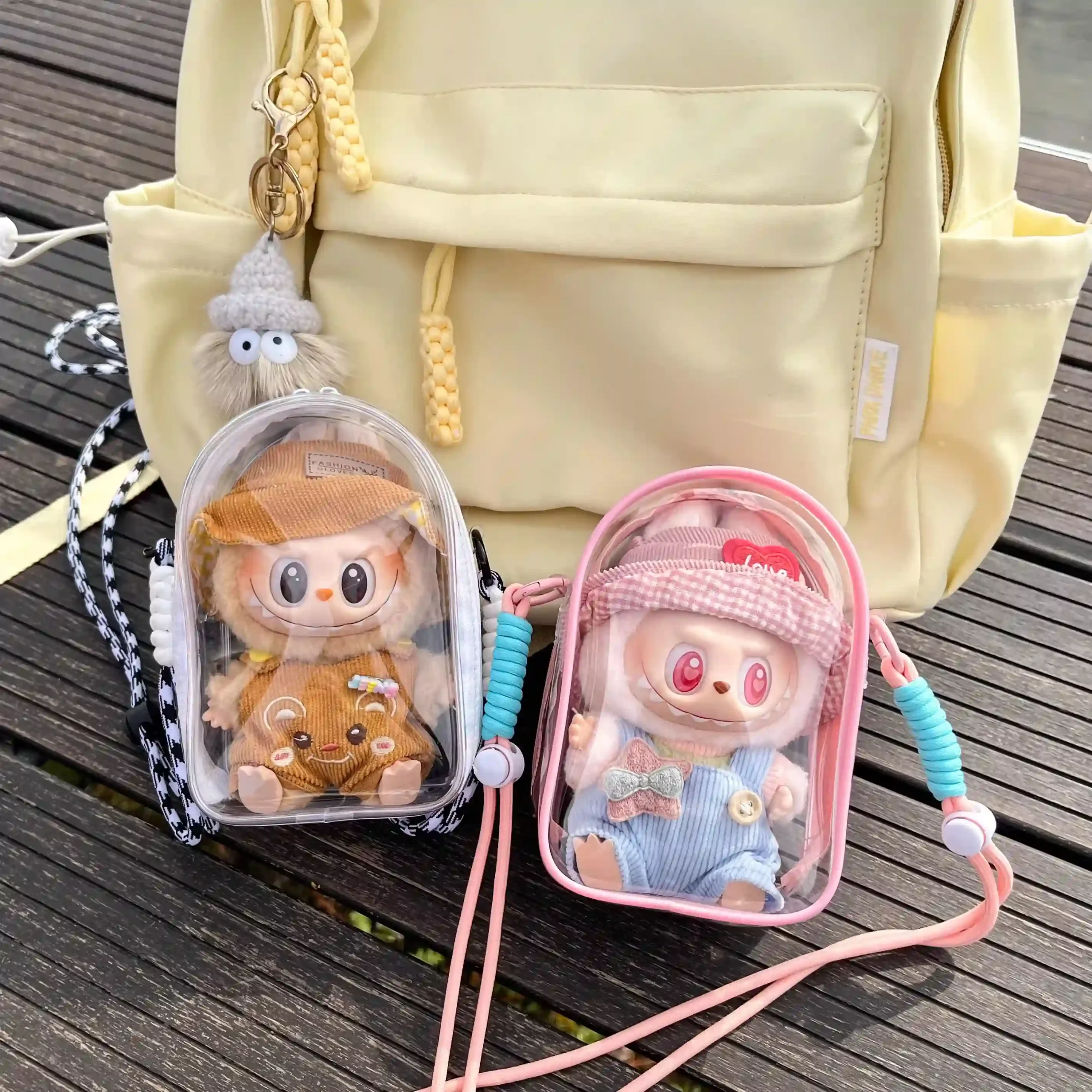 pink pvc labubu doll carry case with adjustable strap scaled