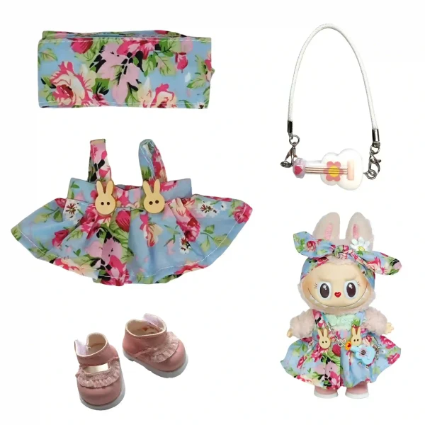 pink shoes and headband with labubu floral dress outfit
