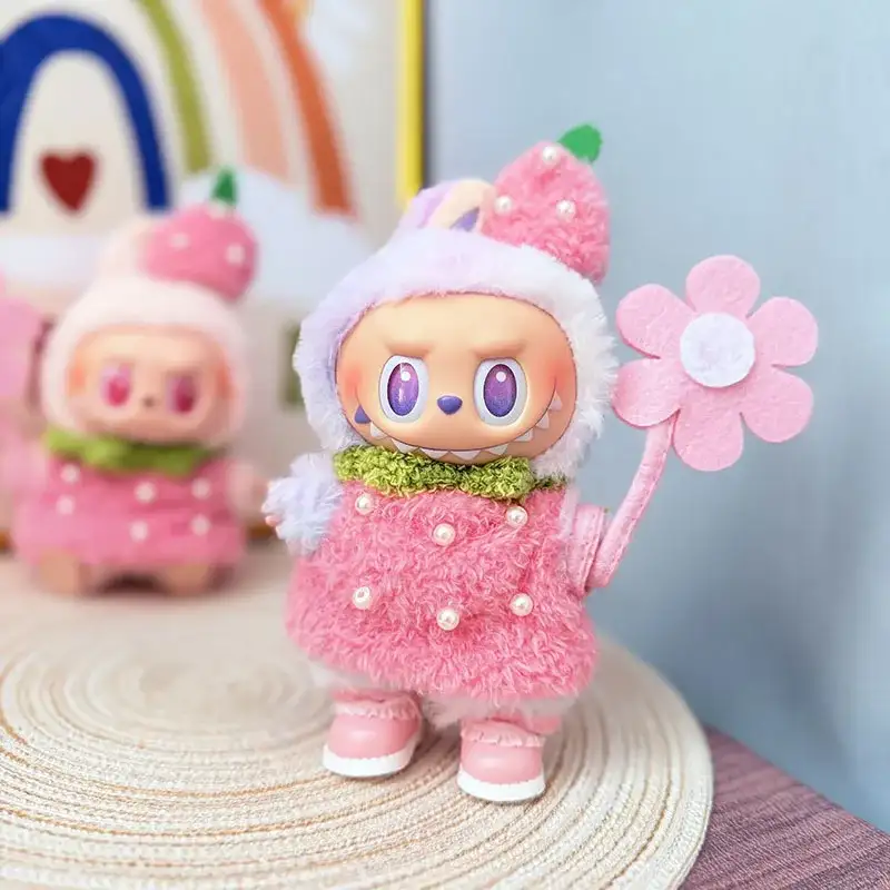 pink strawberry themed labubu doll outfit 3 piece set gift