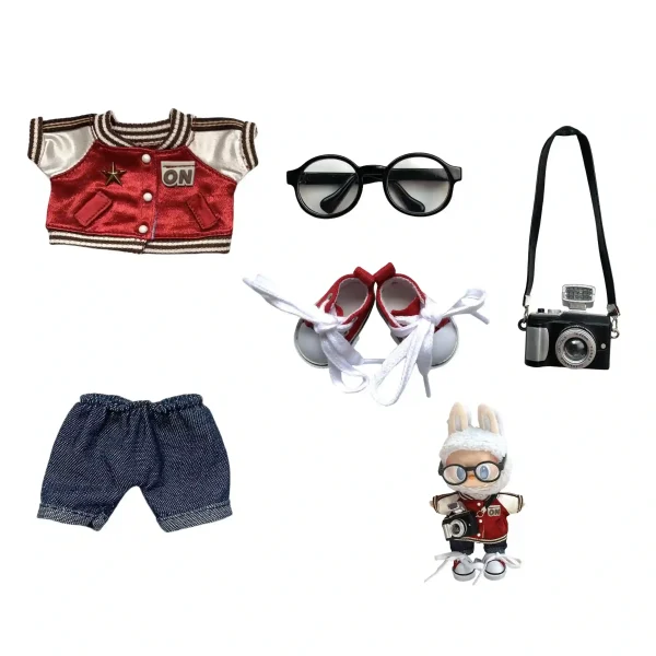 premium labubu doll clothing red varsity jacket denim shorts