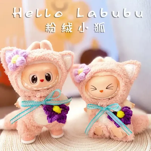 premium pink fox labubu outfit set includes ribbon and flower