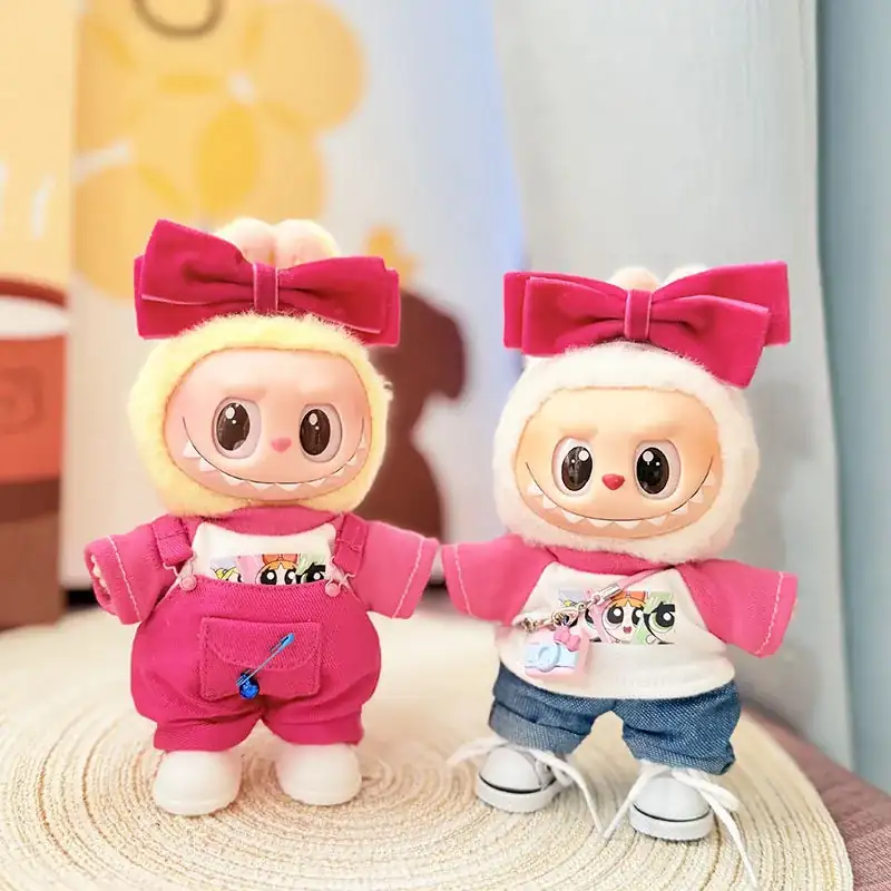 premium quality 17cm labubu doll pink clothing set