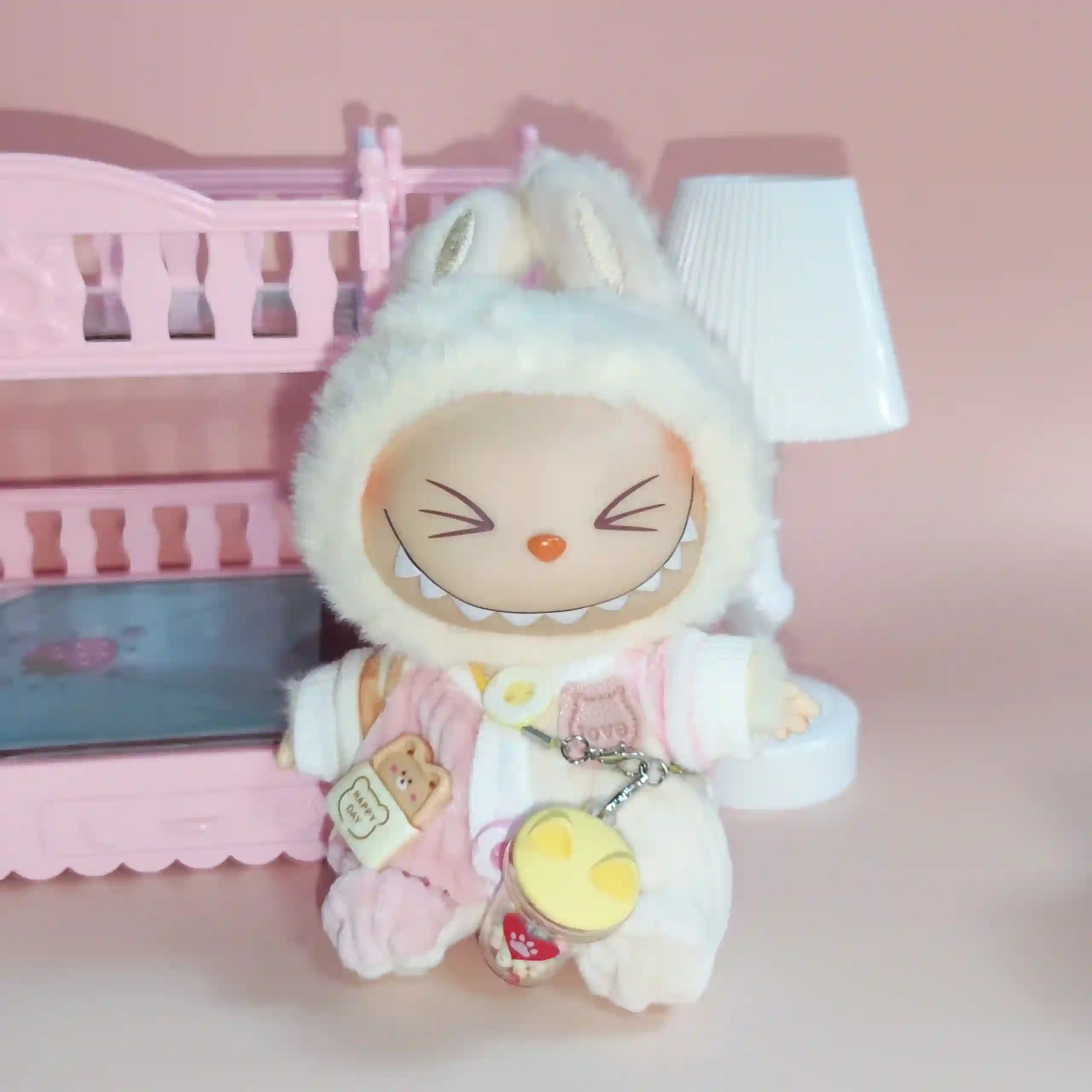 premium soft cloth 17cm labubu bunny outfit and milk bottle charm