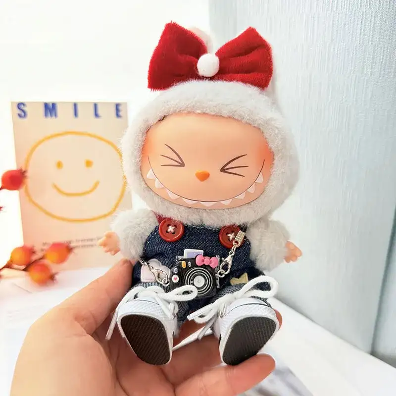 red bow and denim outfit for 17cm Labubu doll charming and playful style