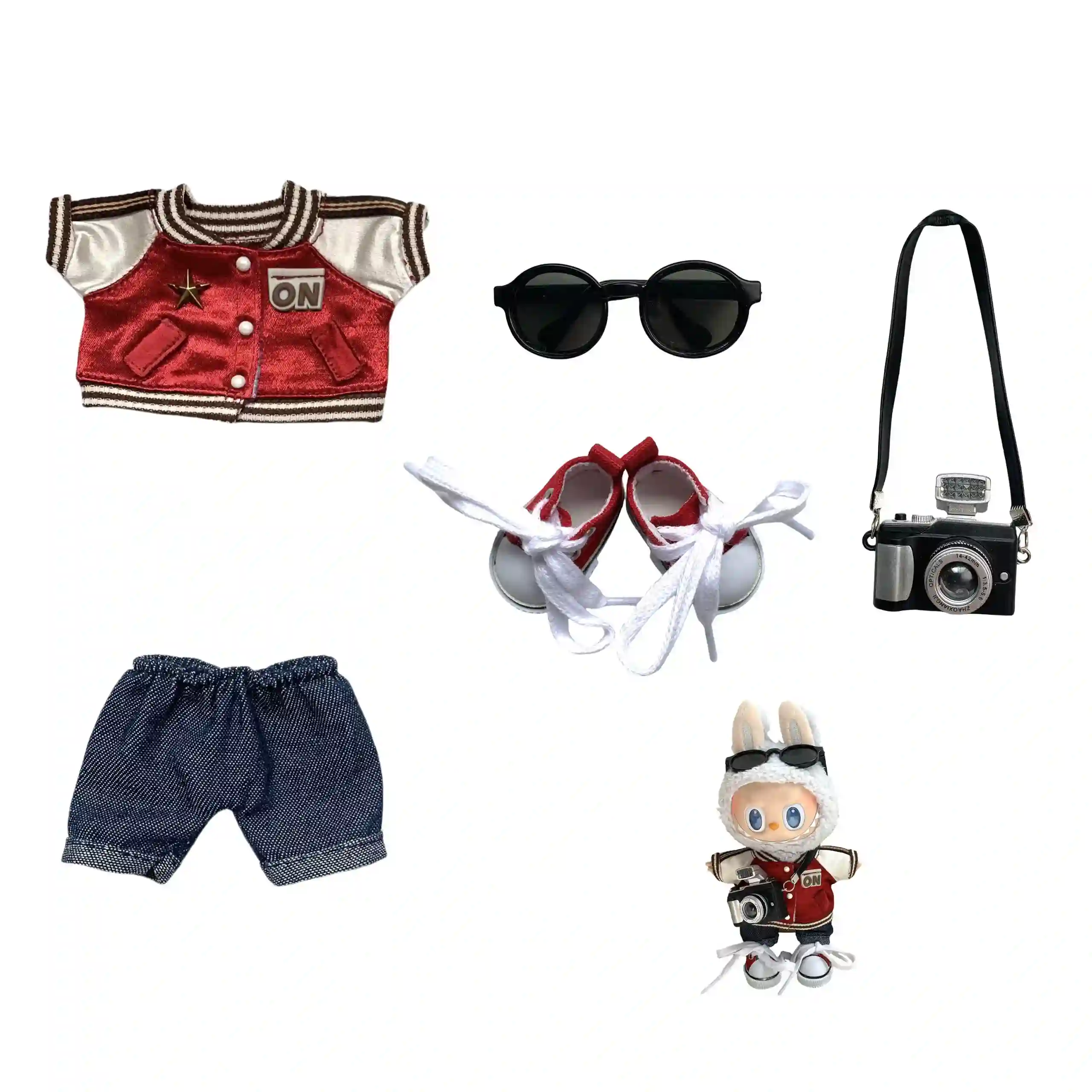 red jacket denim shorts outfit for 15cm 17cm labubu dolls