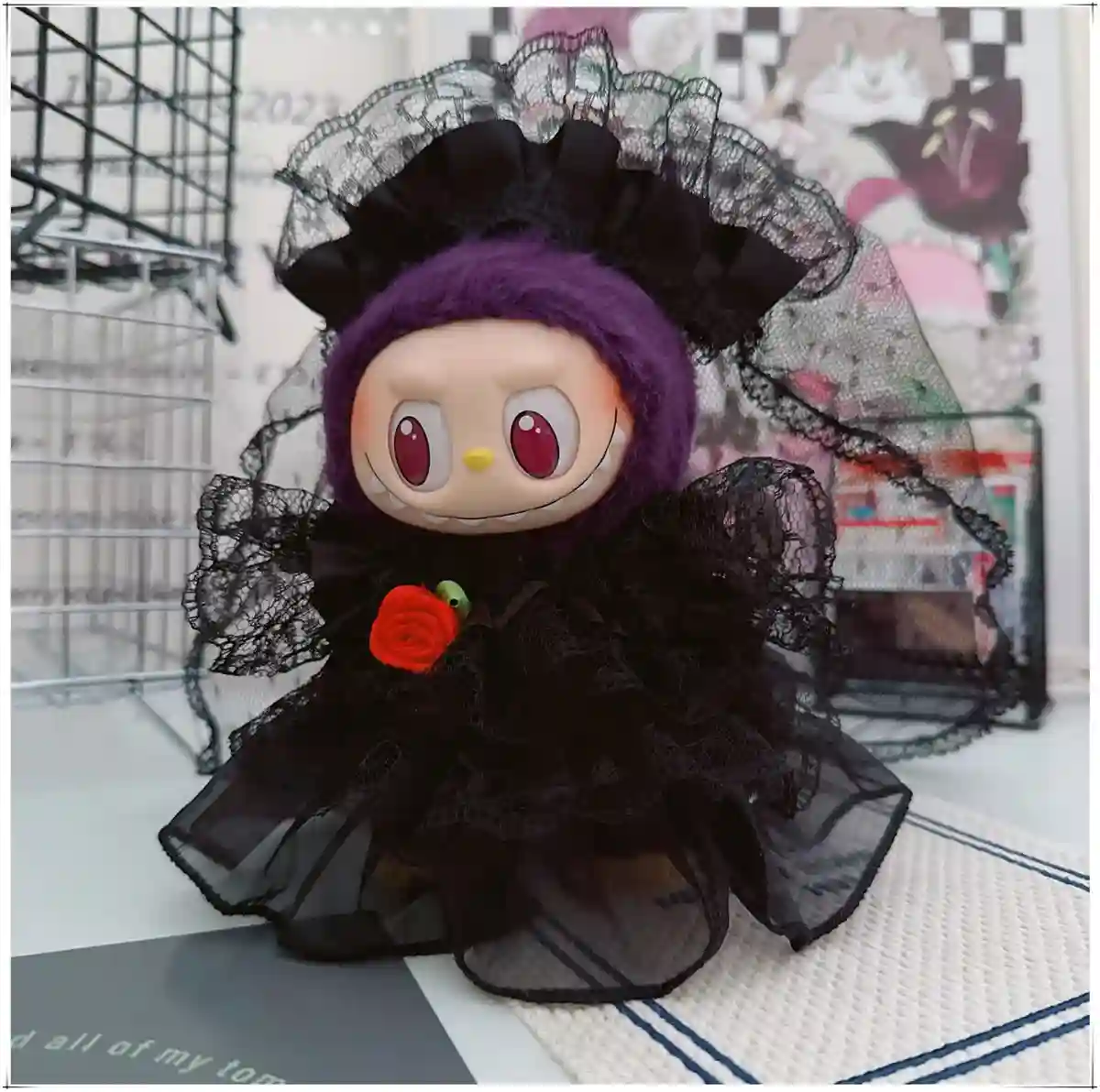 sheer black lace labubu doll wedding dress with rose