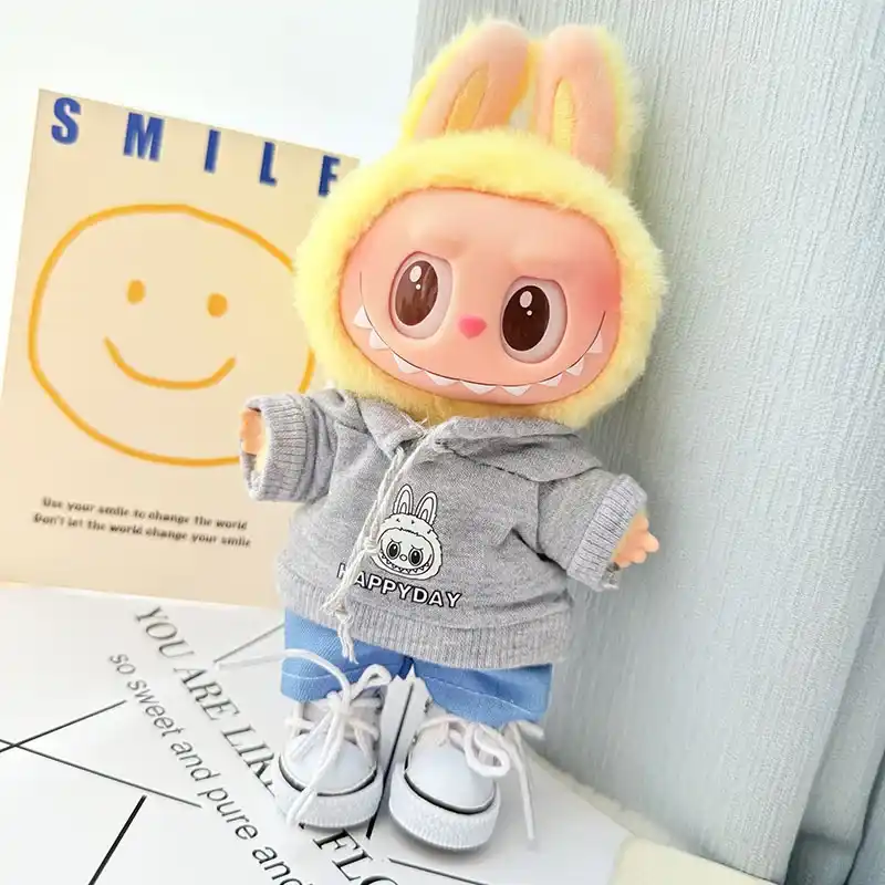 sitting pose labubu doll outfit grey hoodie