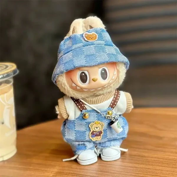 soft beige knit top and blue gingham overalls for Labubu