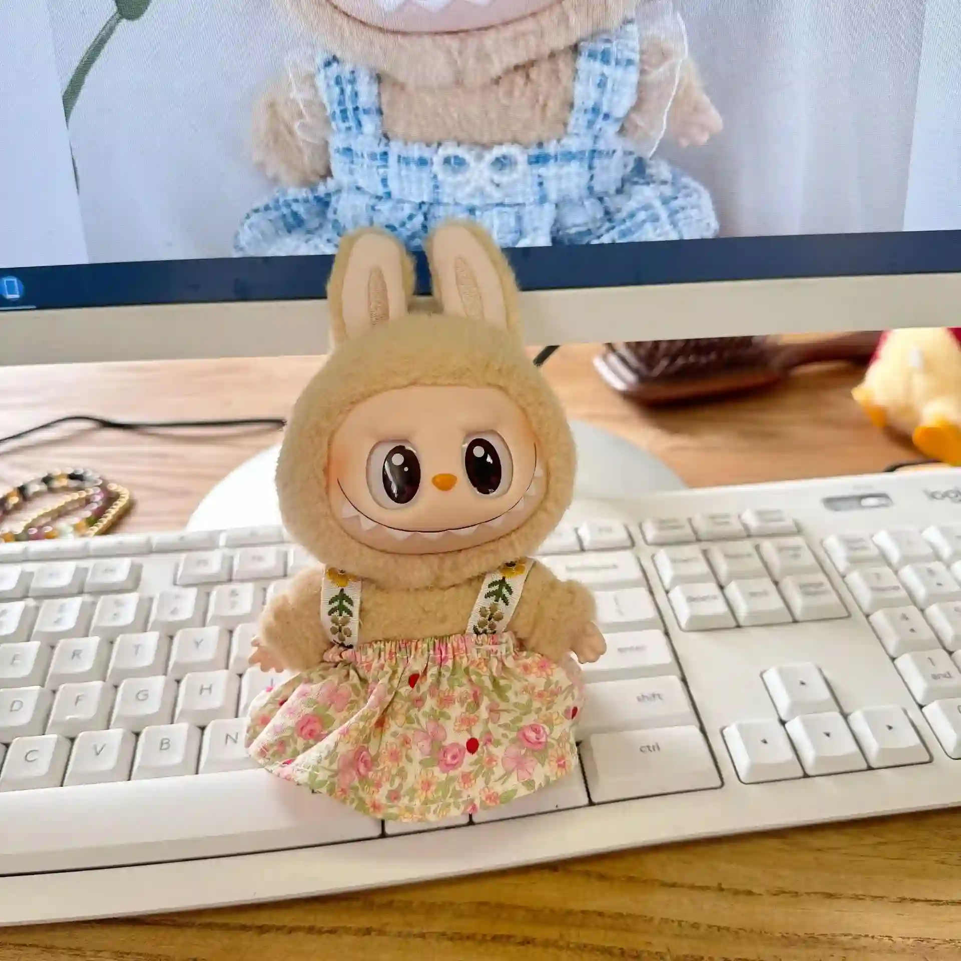 soft bunny ears and floral dress labubu doll clothes