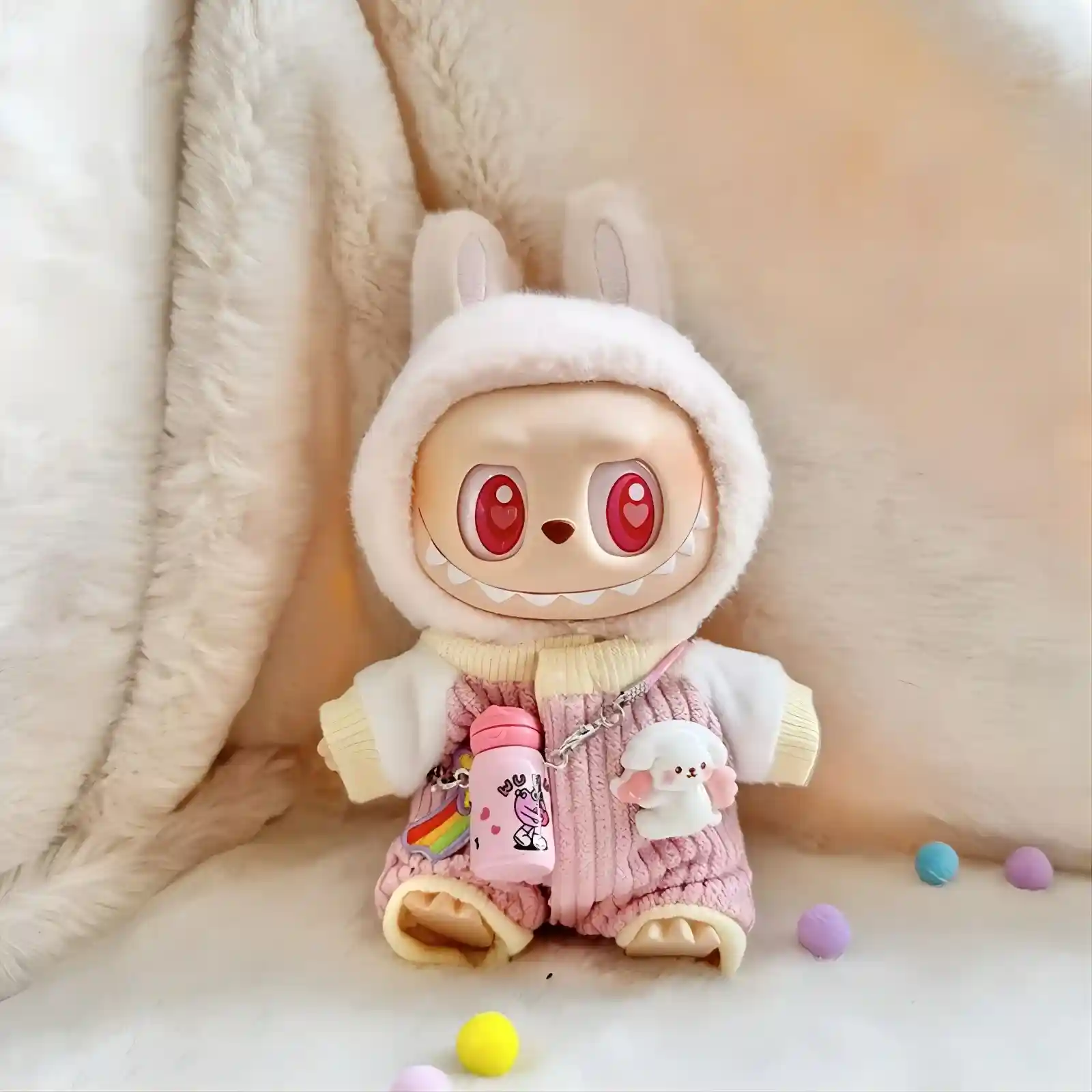 soft corduroy doll jumpsuit with bear charm accessory