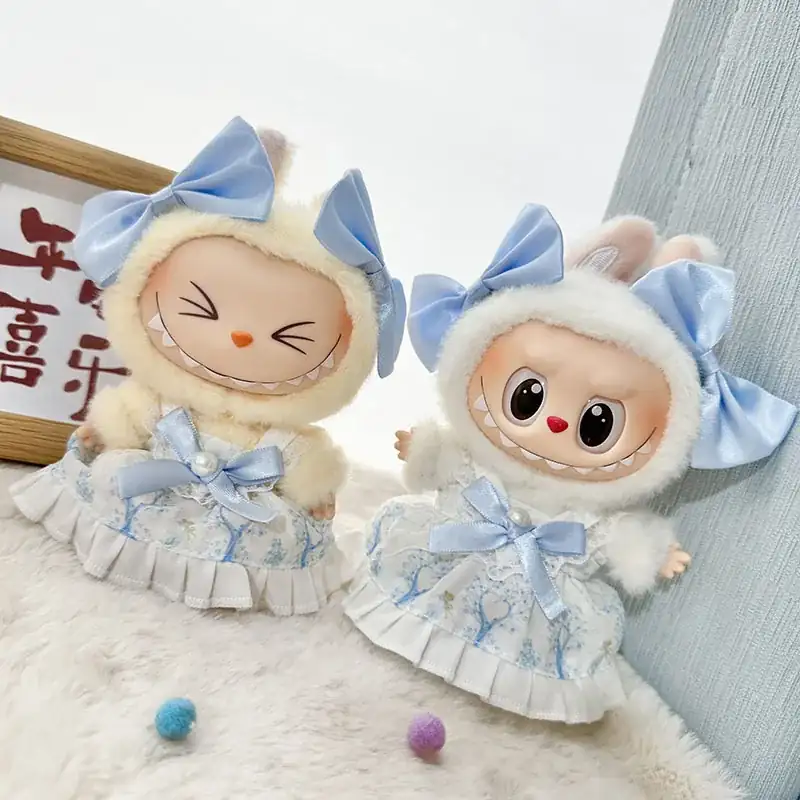 soft cotton blend blue dress for 17cm Labubu doll collectors