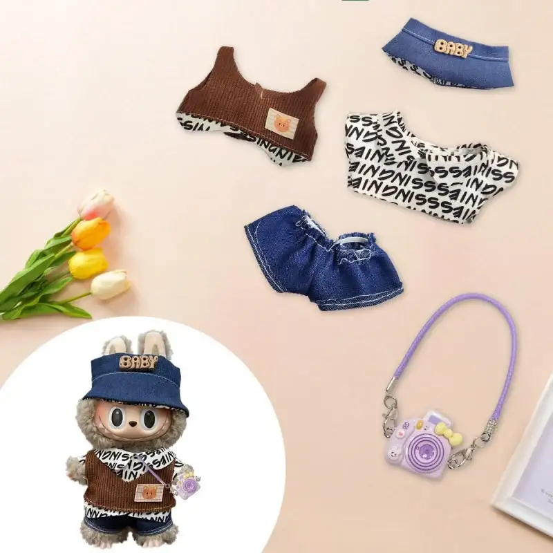 soft cotton gingham hat and overalls for 17cm Labubu doll