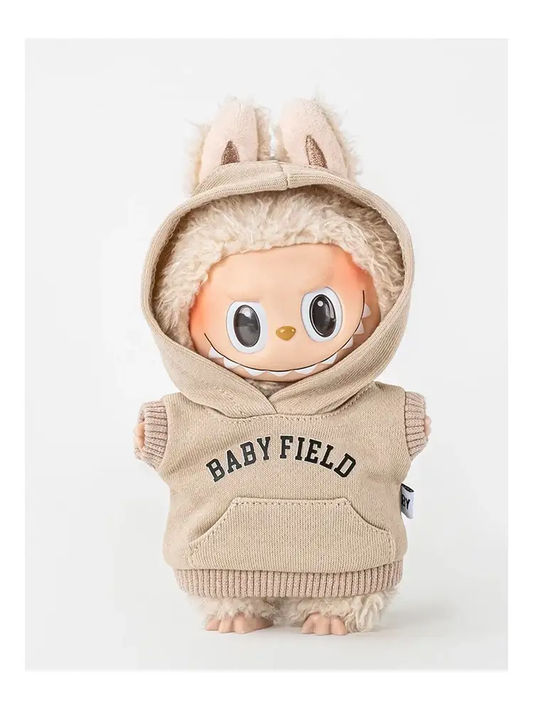soft grey labubu hoodie outfit with black baby field logo