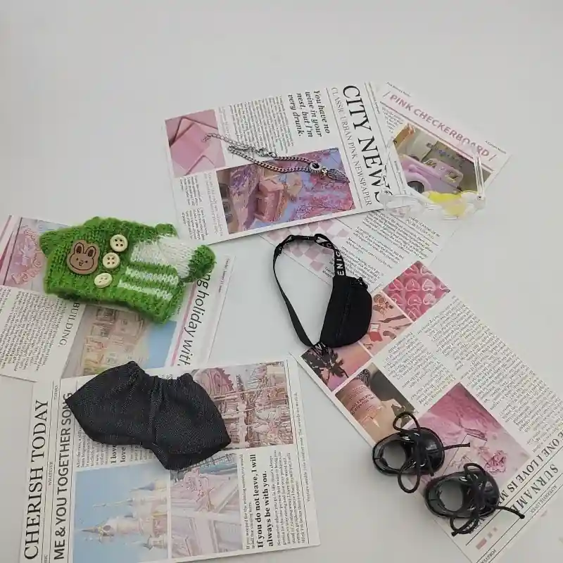 soft knit sweater outfit for 17cm Labubu doll with gold wing necklace