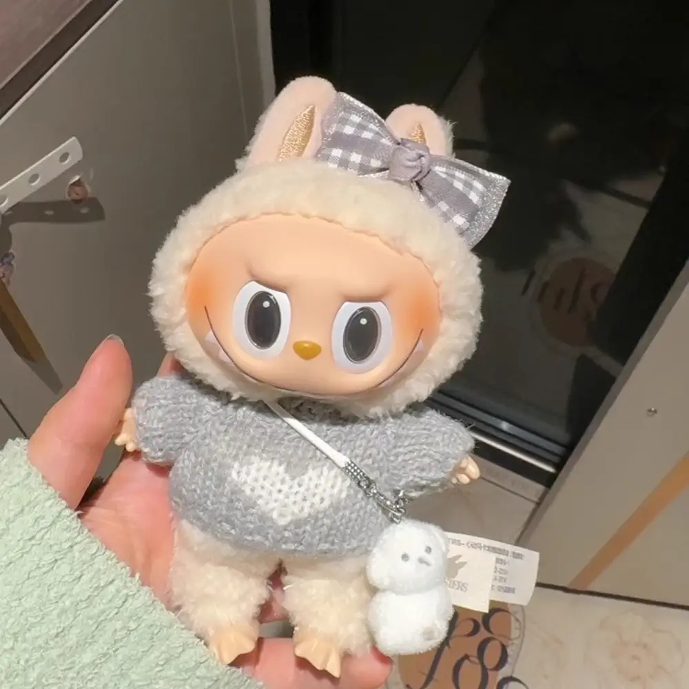 soft plush bunny hood with gingham bow for labubu