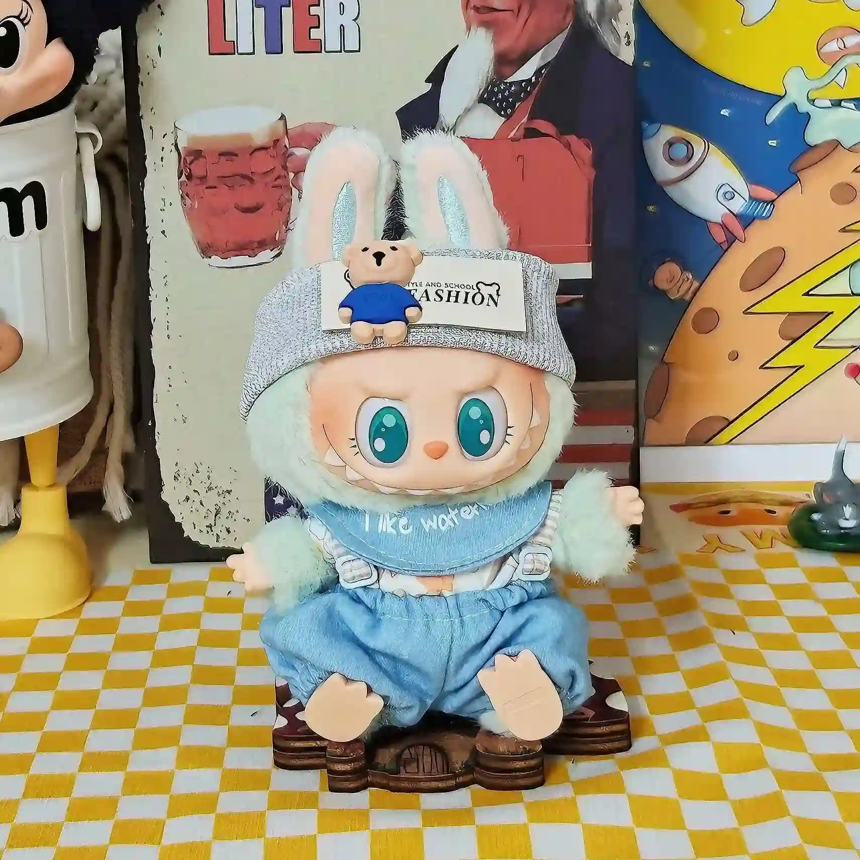 soft plush denim labubu bunny outfit set for 17cm dolls v1 v2
