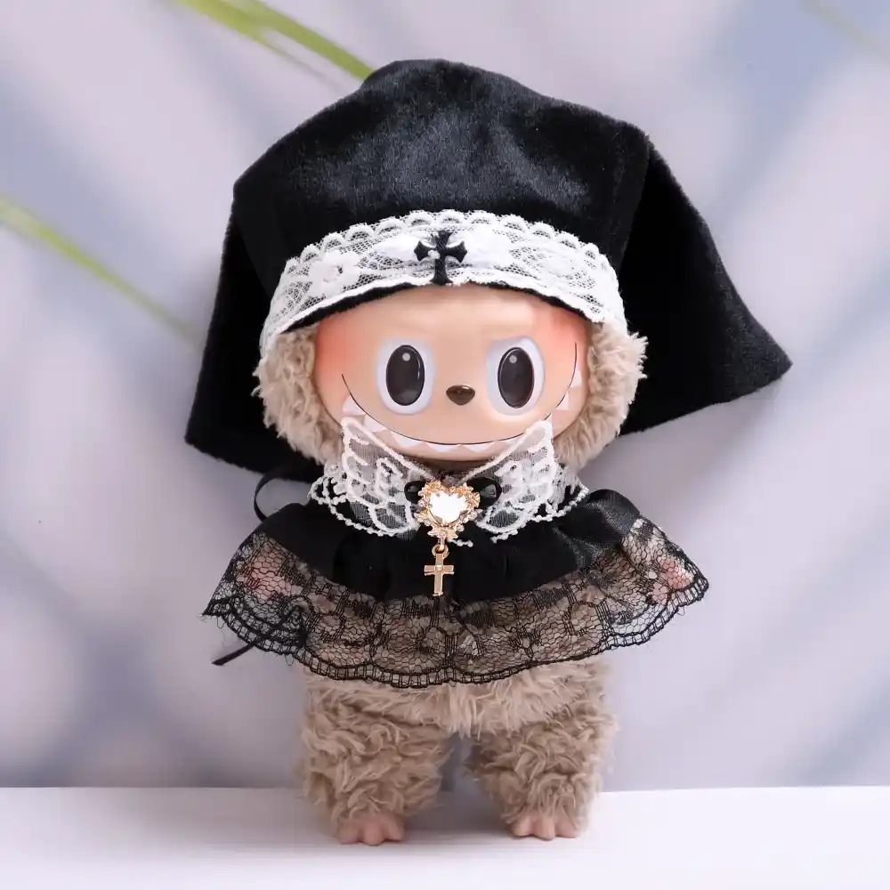 soft plush labubu doll nun outfit with lace trim