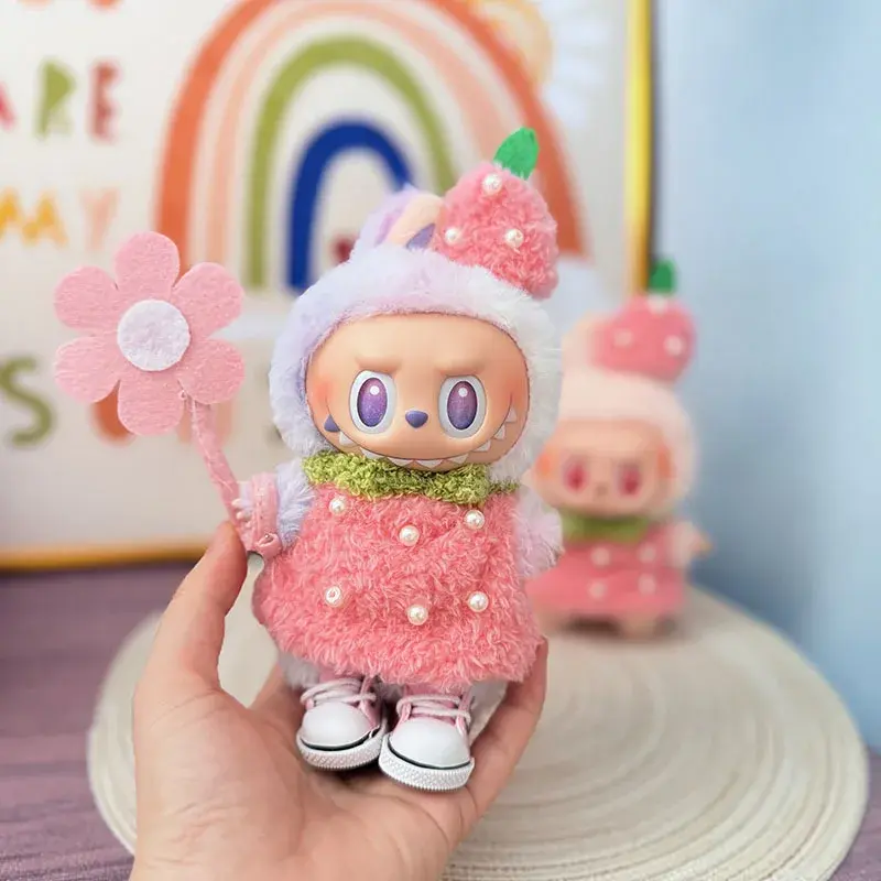 strawberry bonnet and dress outfit for 15 17cm labubu doll