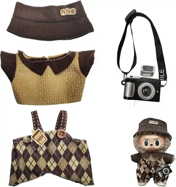 stylish 17cm Labubu doll clothes with miniature camera accessory