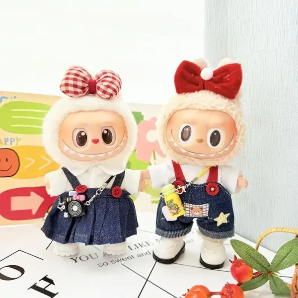 stylish 17cm Labubu doll clothing set red bow and denim details