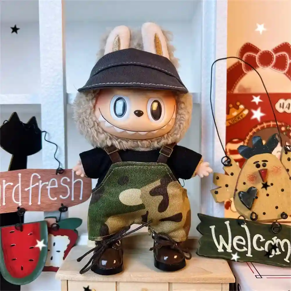 stylish 17cm Labubu doll overalls outfit for fashion photography