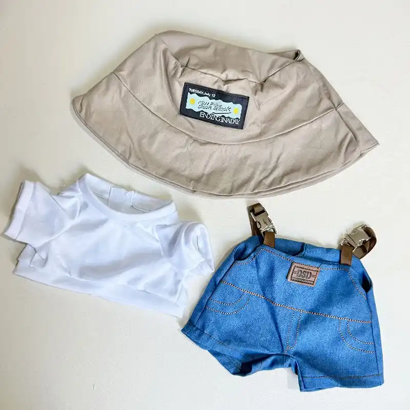 stylish beige bucket hat and white sneakers for labubu doll outfit