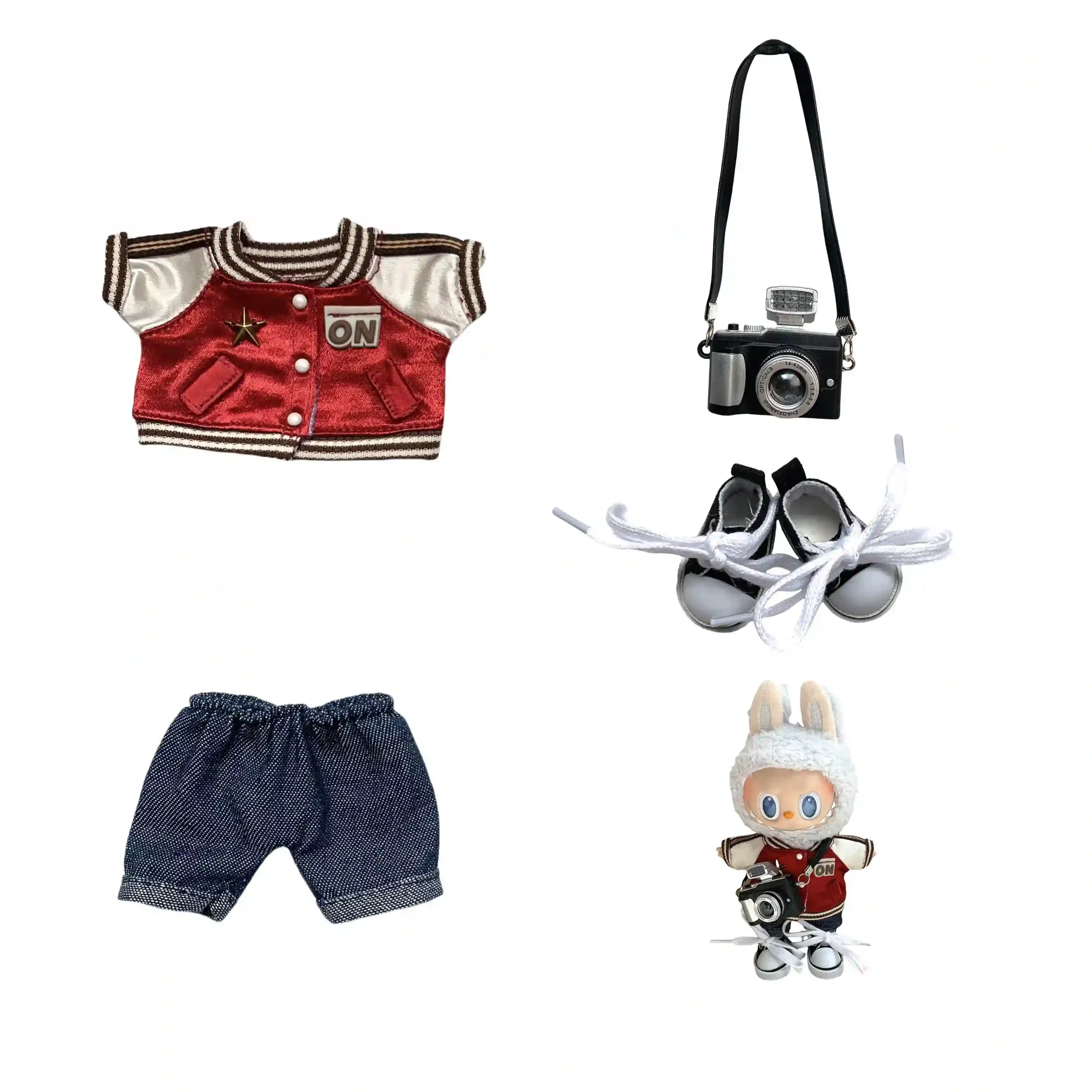 stylish labubu doll clothes red varsity jacket denim shorts scaled