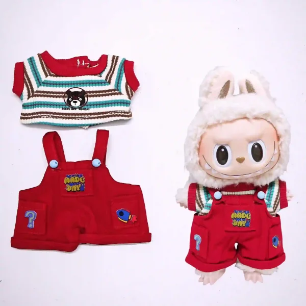 stylish labubu doll outfit red overalls and accessories