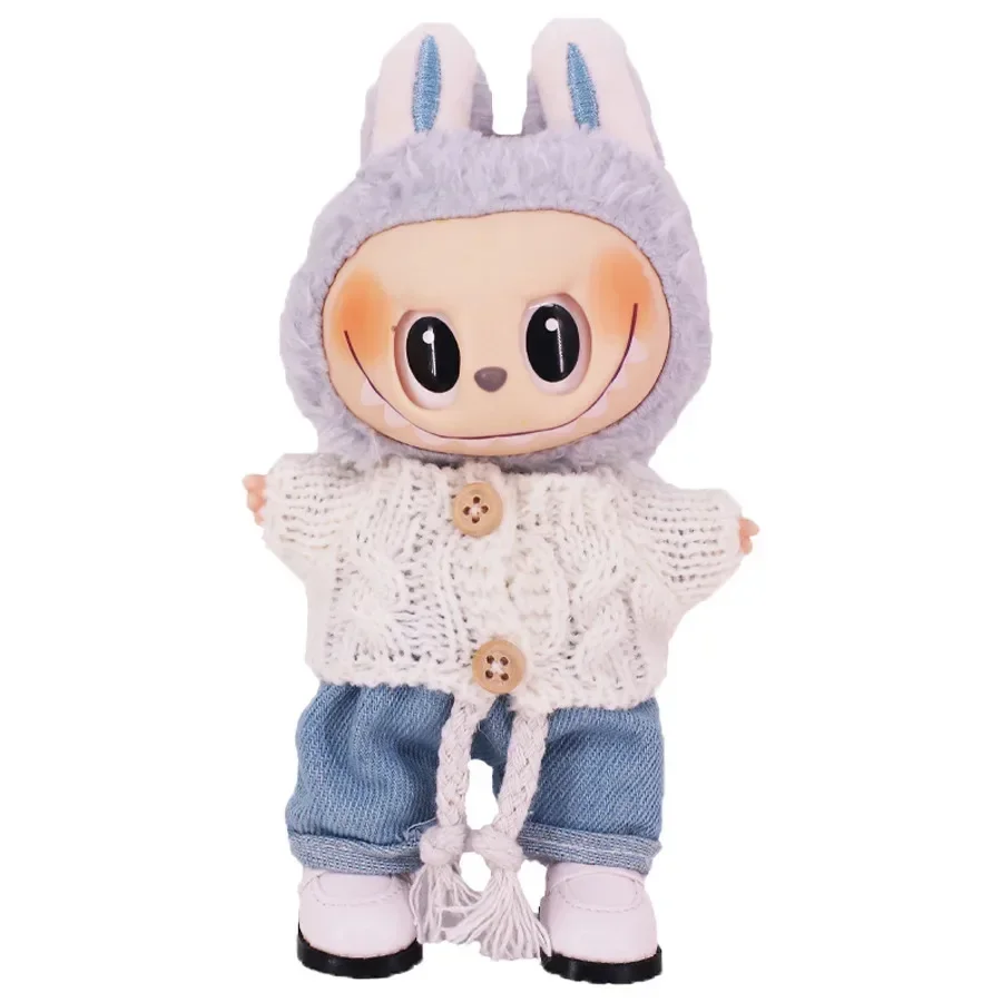 stylish labubu doll outfit set knit sweater denim shorts