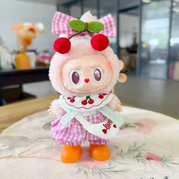 stylish labubu outfit cherry theme gingham romper handmade