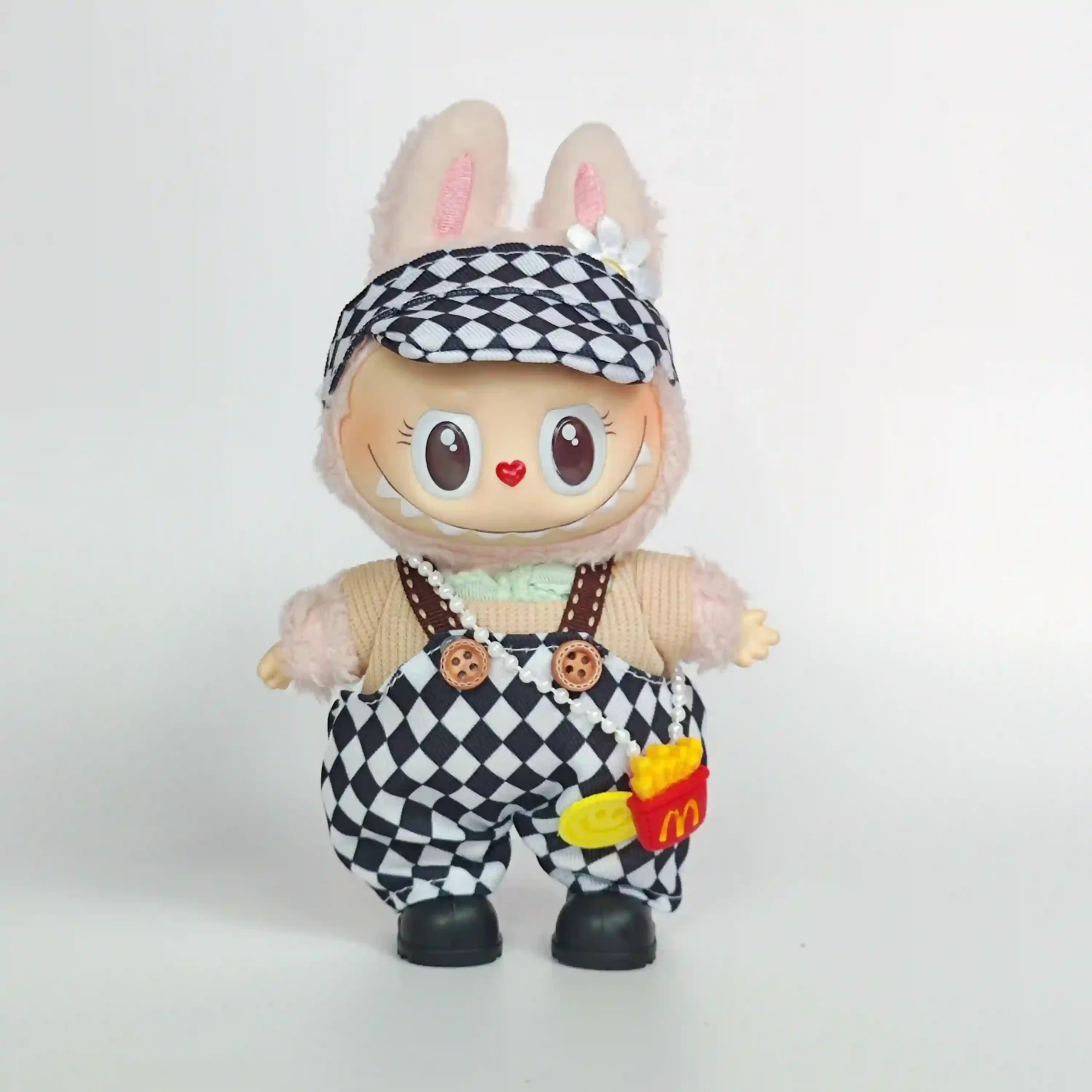 stylish labubu outfit with ribbed top and grid overalls 3 piece set scaled