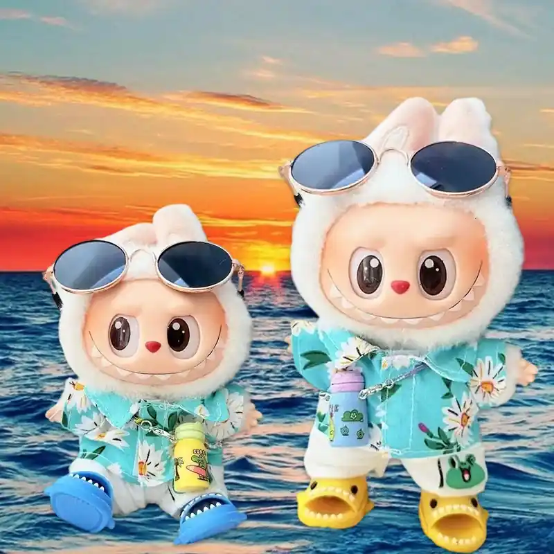 teal and white daisy print summer outfit for 17cm Labubu doll