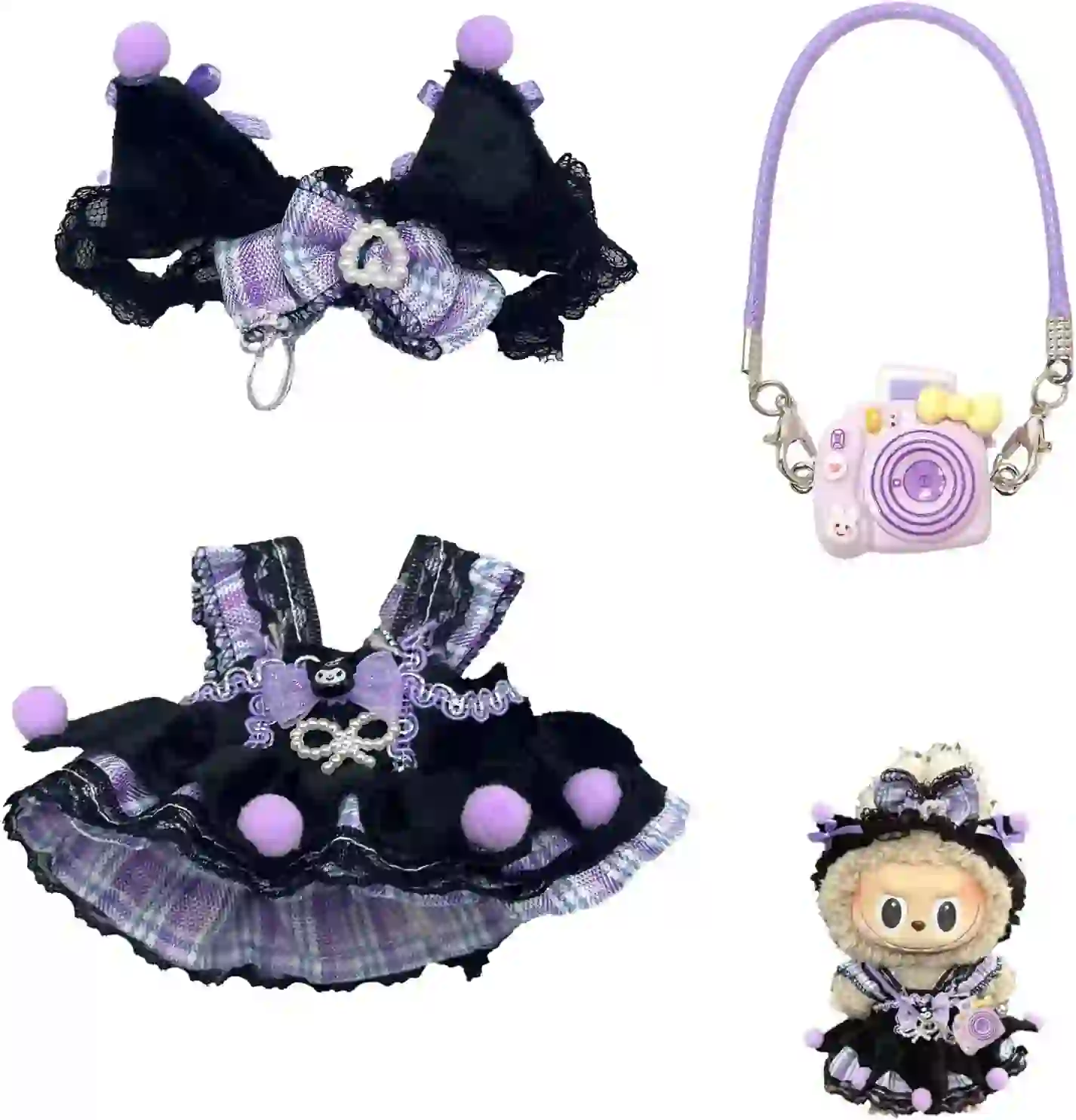 textured corduroy labubu doll outfit with criss cross bows