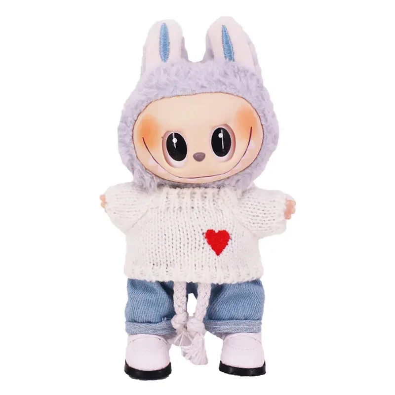 textured denim shorts and knit sweater for 17cm labubu doll