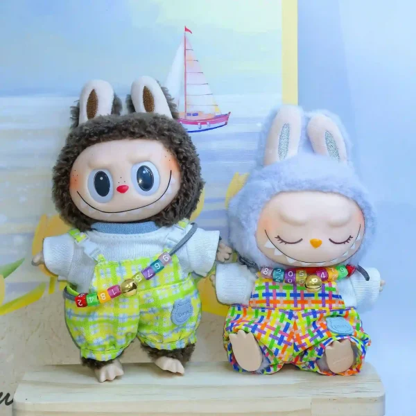 vibrant yellow and white checkered overalls for labubu doll