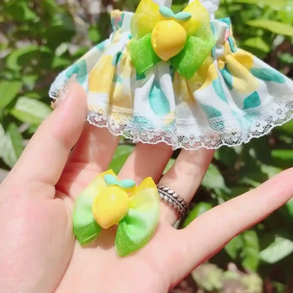 vibrant yellow lemon dress with lace trim for Labubu doll