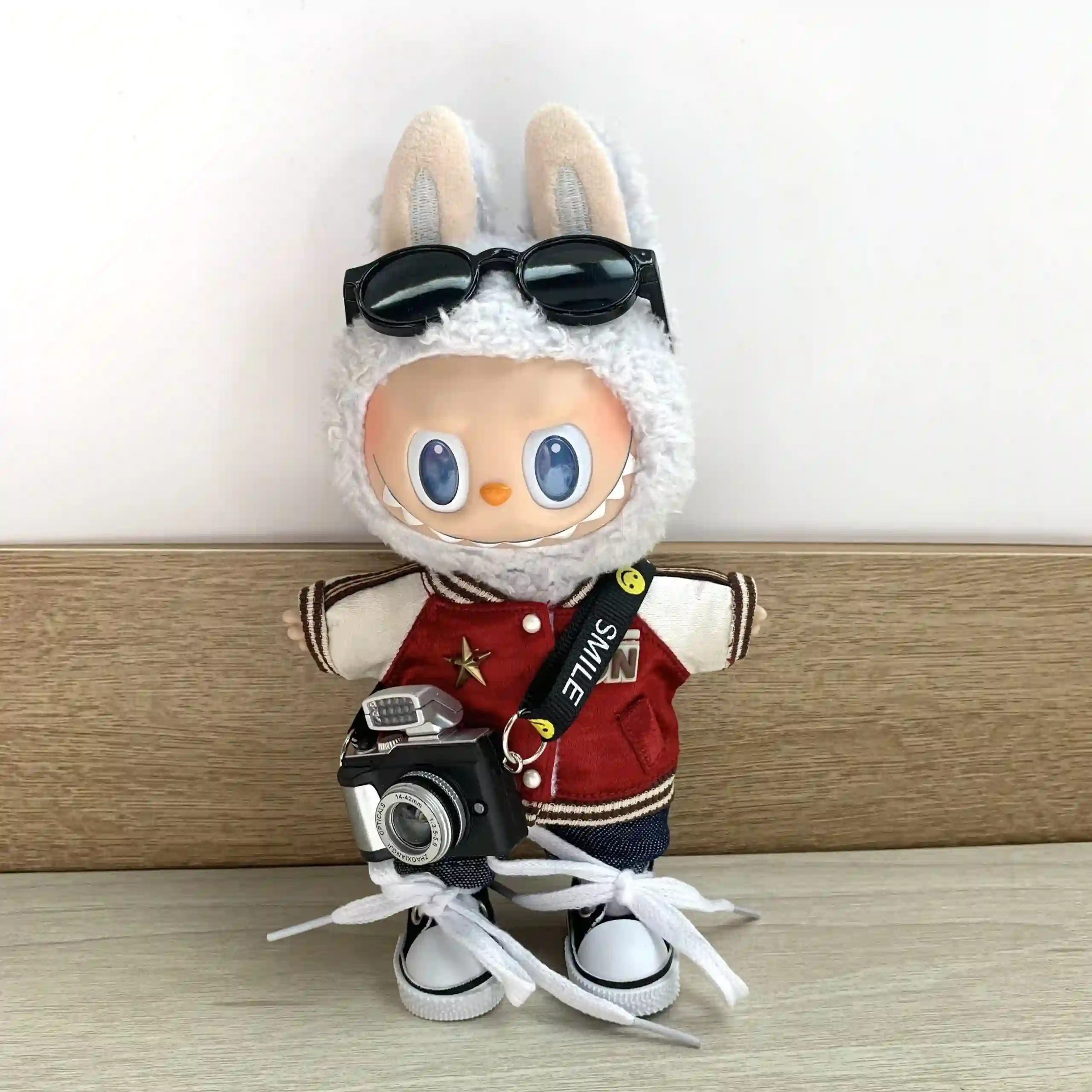 vintage camera accessory labubu doll red jacket outfit
