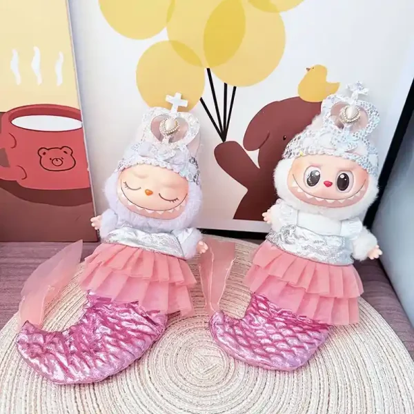 whimsical labubu doll mermaid outfit pastel pink and grey