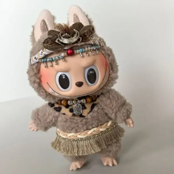 whimsical labubu tribal outfit leopard print detail