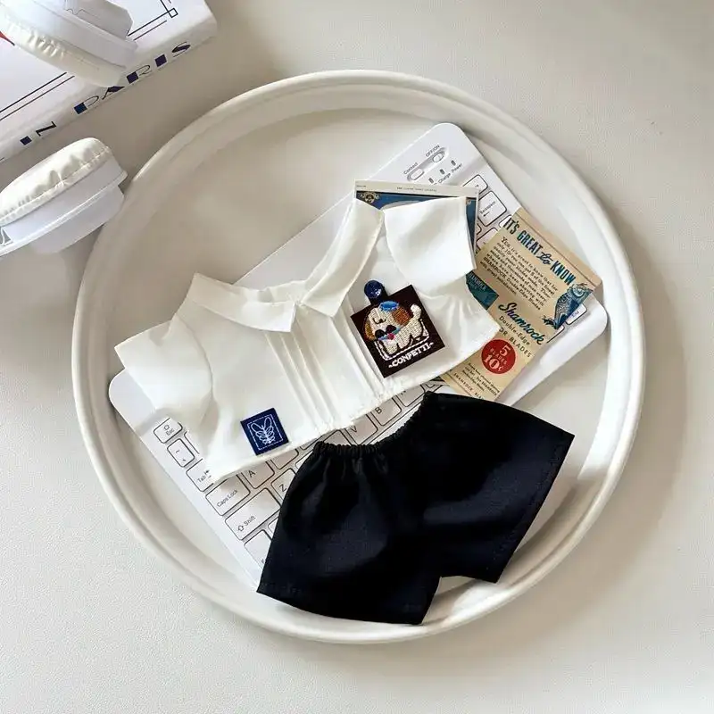 white and light blue shirt black shorts labubu doll outfit