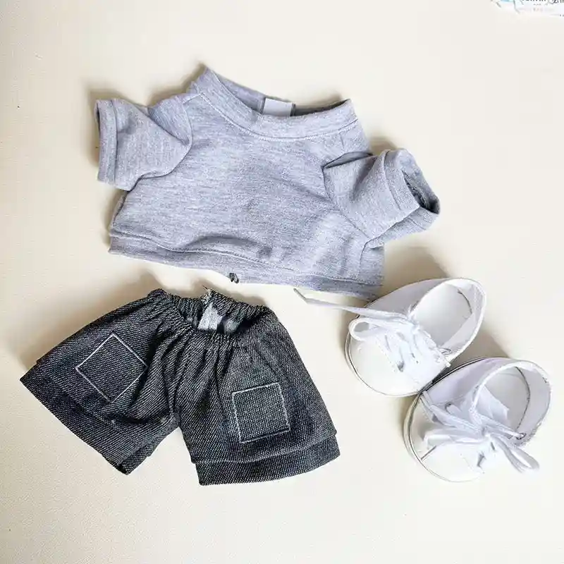 white t shirt and denim overalls outfit for 38cm labubu doll