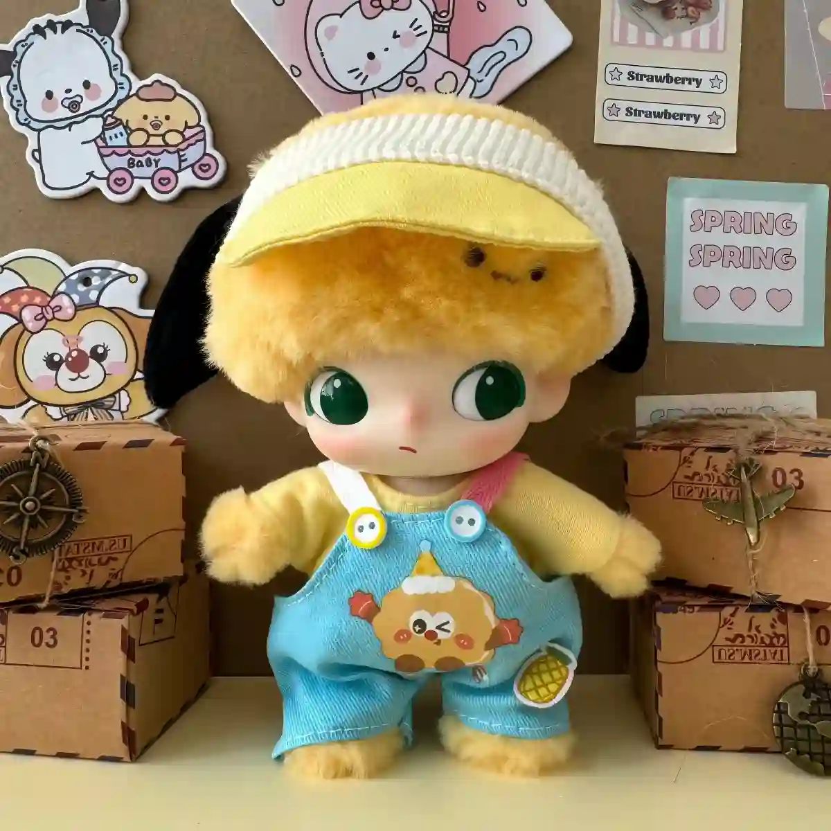 yellow blue labubu doll outfit set macaron cookies jumpsuit theme